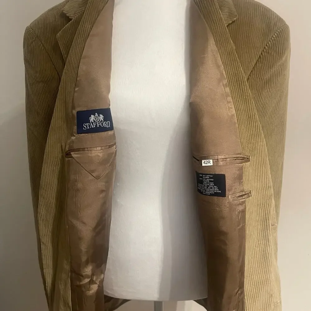 Stafford Men’s 100% Cotton Brown Cordouroy Sport Coat Size 42 R